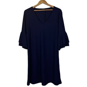 Gracyoga V-Neck Bell Sleeve Shift Dress Size L Flowy Summer Ruffle Navy Blue